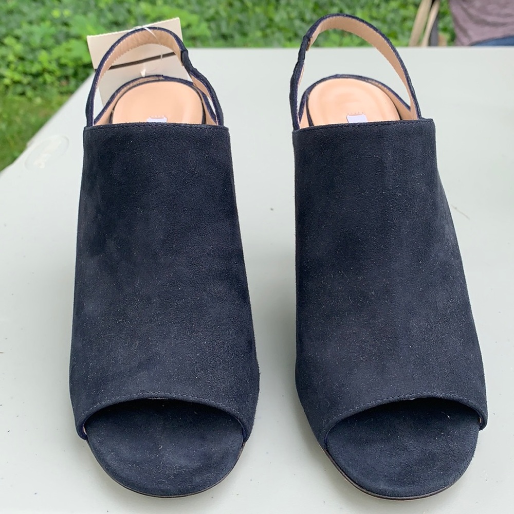navy blue suede open toe pump